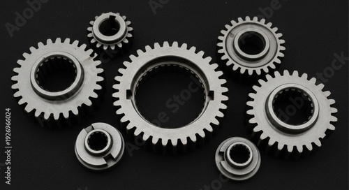 Close-up of various metallic gears arranged on a dark surface.