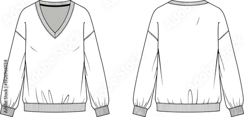 WebWomen's V-Neck Sweatshirt Technical Flat Sketch, Long Sleeve Pullover Apparel Design Template, Ribbed Cuff and Hem Vector Illustration, CAD Outline.