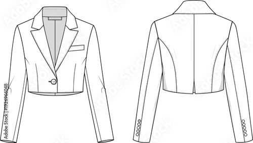 Women's Cropped Blazer Jacket Fashion Technical Sketch Front and Back View CAD Drawing Flat Vector Illustration for Apparel Design Development