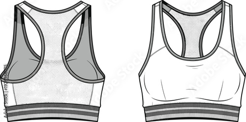 WebWomen's sports bra technical fashion sketch, racerback activewear crop top template, front and back view, fitness clothing vector illustration.