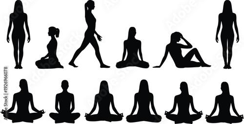 Yoga silhouettes, meditation poses, women sitting cross‑legged, standing posture, reclining figure, mindfulness exercise, relaxation design, wellness illustration