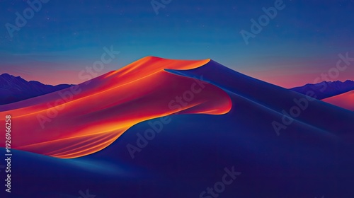 Radiant Desert Dunes: Stylized Orange and Blue Peaks Under a Starry Twilight Sky