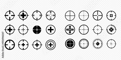 Collection of various crosshair icons and target sights for aiming and precision in games or applications.