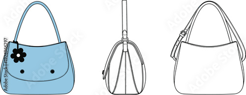 Technical flat fashion sketch of a women's shoulder bag with flap closure and flower charm cad drawing flat vector illustration