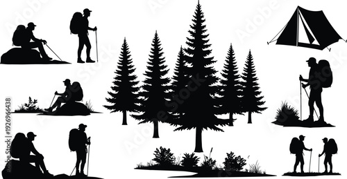 Hiking and camping silhouettes with backpackers, pine forest trees, and outdoor adventure elements in nature wilderness scene