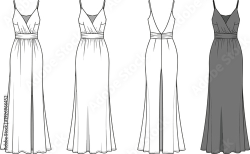 Technical flat fashion sketch of a v-neck floor length maxi dress with spaghetti straps and side slits cad drawing flat vector illustration