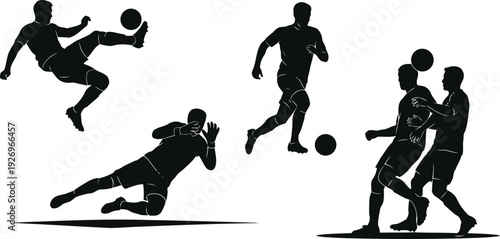 Football players silhouettes collection showing soccer action kicks saves and headers