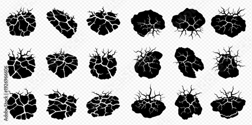 Set of cracked ground silhouettes, dry soil texture, and drought effects on transparent background.