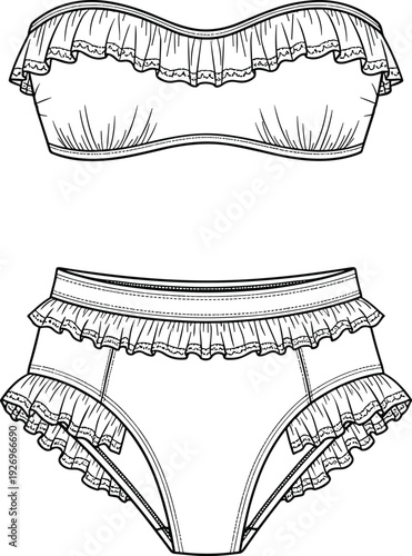 Bikini swimsuit fashion technical sketch, ruffled bandeau top and high waisted bottoms with frill detail, cad drawing flat vector illustration