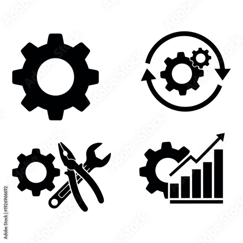 Collection of gear icons for business and industry concepts with tools and growth chart