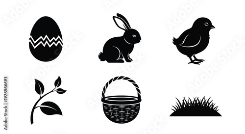 Six monochromatic icons show bunny ears, a woven basket, stylized tulip, footprint, and decorated.