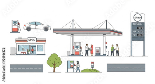 Gas station scene with car, people, and price sign, a detailed illustration.