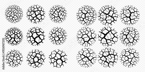 Set of dry cracked earth circles, drought soil texture, global warming effect.
