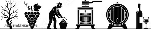 Black Wine Production Process Icon Set with Grapevine Harvesting Grapes Pressing Fermentation in Barrel and Bottling for Winery Vineyard and Alcohol Industry Vector Illustration