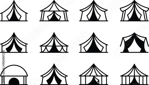 Tent icon set with various styles and designs for camping and outdoor activities