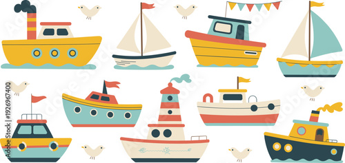 Cute cartoon boats and lighthouse vector set, colorful marine ship collection with sailboats, fishing vessels and seabirds, nautical seaside illustration, coastal theme design