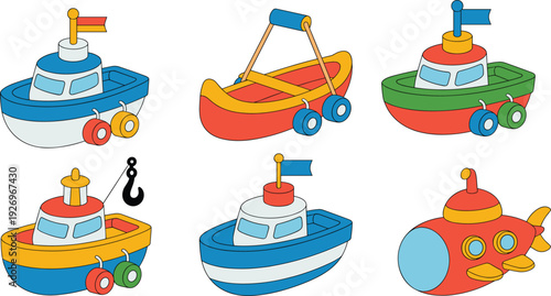 Cute cartoon toy boats and submarine vector set, colorful kids bath toys collection, playful nautical transport illustration, isolated children marine design