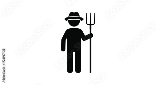 A stark black silhouette depicts a farmer holding a pitchfork representing agricultural labor and rural life silhouette high quality professional detailed