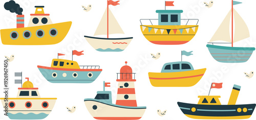 Cute colorful boats and lighthouse vector collection, cartoon fishing ships and sailboats with seabirds, nautical seaside illustration set, coastal marine transport design