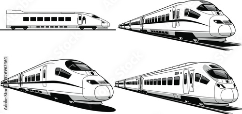 High Speed Bullet Train Illustration Set Showing Modern Passenger Railway Transport in Side and Perspective Views