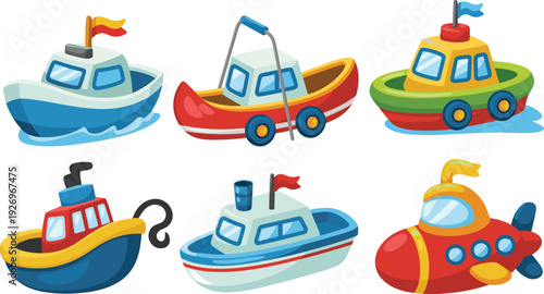 Cute colorful toy boats and submarine vector illustration set, cartoon kids bath toys collection, playful nautical marine transport design, isolated white background