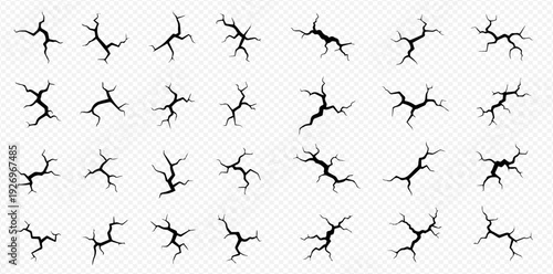 Set of realistic black cracks on transparent background, detailed surface damage.