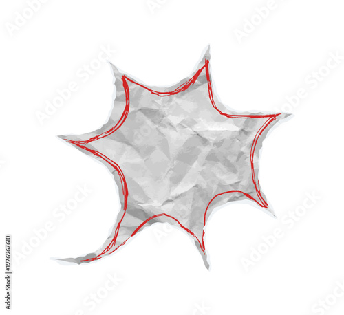 Torn paper speech bubble. Star shape vector ripped chat balloon. Crumpled notebook texture, folded collage effect for dialogue text. White empty dialog cloud red frame underline scribble element