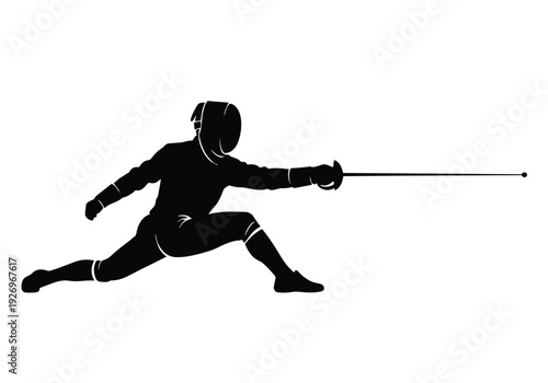 Fencing athlete silhouette. Person in protective gear holding a sword in an attacking lunge pose. Sport, competition, and skill concept.