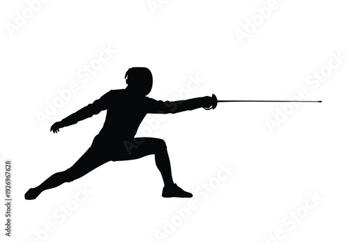 Fencing athlete silhouette in lunge position. Person holding a foil, wearing protective mask. Sport, competition, and graphic resource concept.