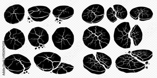 Set of cracked ground or broken earth textures, black silhouettes on transparent background.
