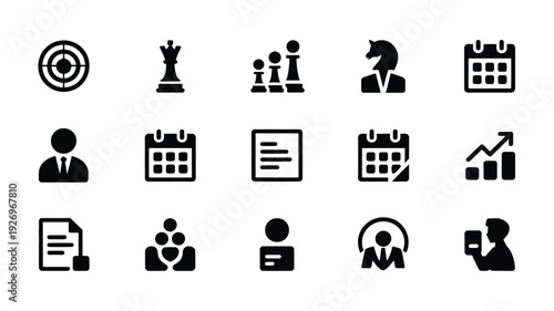 Business icons set including target chess people calendar graph and document on white background for corporate and finance concepts