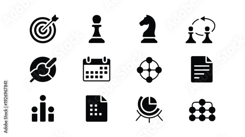 Business strategy icons set including target chess calendar graph and document symbols in black silhouette on white background for corporate and finance concepts
