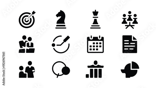 Business strategy icons set including target chess teamwork calendar and graph symbols in black silhouette on white background for corporate and finance concepts