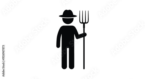 A stark black silhouette depicts a farmer holding a pitchfork representing rural life and agriculture silhouette high quality professional detailed modern