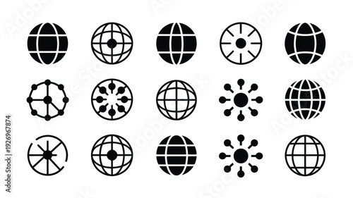 Collection of black and white globe icons with various grid and network patterns on a plain white background for business and technology concepts