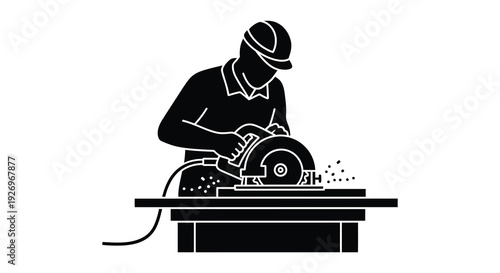 A black silhouette depicts a construction worker operating a circular saw on lumber highlighting industrial work silhouette high quality professional detailed
