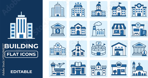 WebBuilding Flat Icon Set, Urban Architecture Symbols for Hospital, School, Hotel, Factory, Bank, Airport, Stadium, Mosque, Church, Library, Castle, Editable Vector.