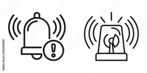 Set of Minimalist Alarm and Notification Icons Featuring a Ringing Bell with Warning Symbol and an Emergency Flashing Siren Light.