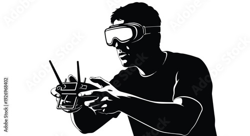Person in FPV goggles operating remote control. Black and white graphic silhouette of a drone pilot. Modern technology and hobby concept.