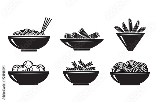 Pasta icon set. black silhouettes of different kinds of pasta in bowls. spaghetti, penne, fusilli, macaroni, farfalle. vector illustration