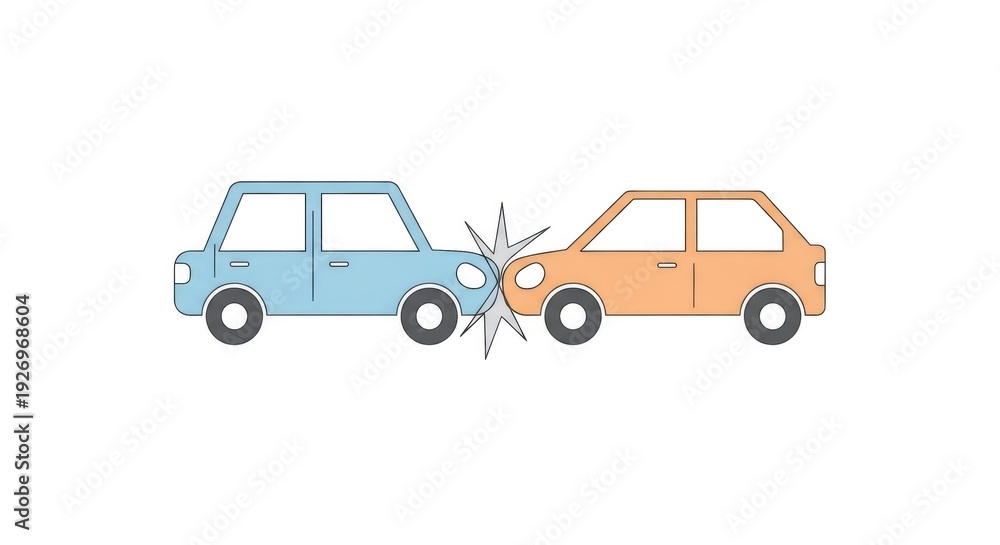 Fototapeta premium Two cartoon cars colliding head on. Car crash concept. Road accident illustration for auto insurance or traffic safety.