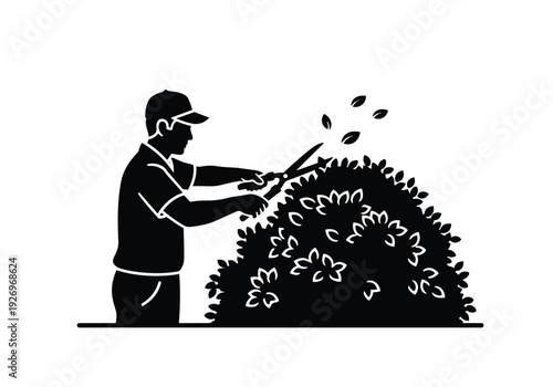 Gardener trimming bush icon. Person pruning a shrub with shears, leaves falling. Garden maintenance and landscaping concept.