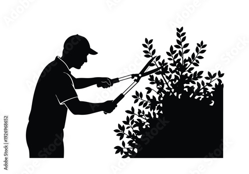 Gardener silhouette. Person trimming a bush with garden shears. Landscaping and yard work concept.