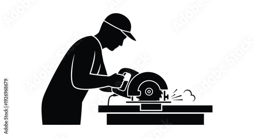 A stark black silhouette depicts a craftsman operating a circular saw on a workbench silhouette high quality professional detailed modern elegant