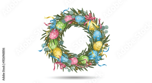 Watercolor wreath decorated with pastel Easter eggs, green foliage, and colorful ribbons centered.