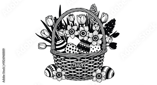 Woven Easter basket overflowing with decorated eggs, daffodils, and tulips creates a festive.