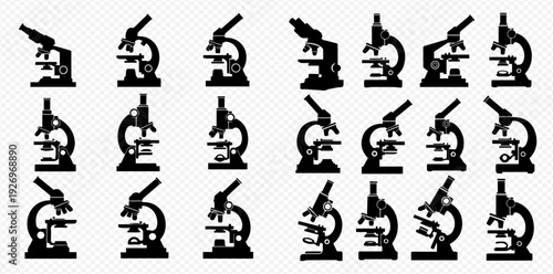 Collection of various microscope silhouettes, essential tools for scientific research and laboratory analysis.
