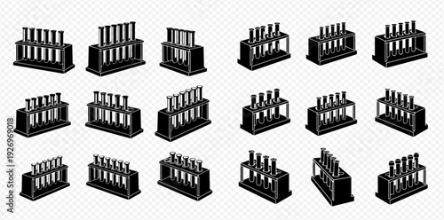 Set of black and white test tube racks with multiple test tubes, laboratory equipment for scientific research and experiments.
