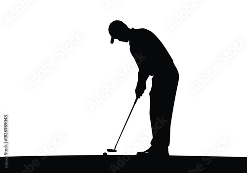 Golf player putting silhouette. Man with putter and golf ball in minimalist graphic design. Sport, recreation, and precision concept.