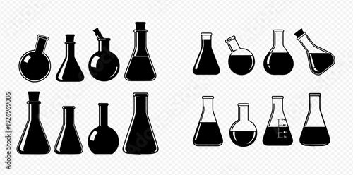 Set of various laboratory glassware and chemical flasks for science experiments and research.